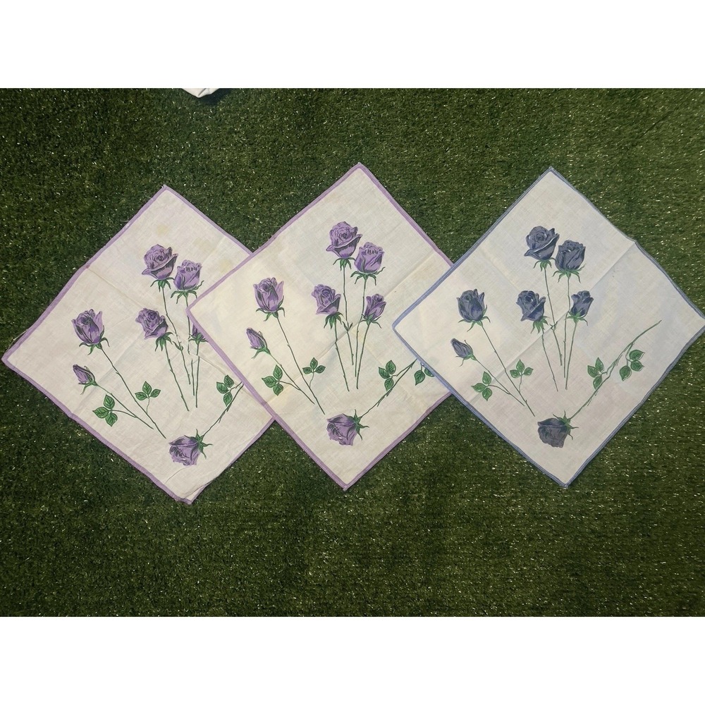 Set‎ of 3 Vintage Floral Rose Handkerchiefs Lavender Blue Cotton Cottagecore